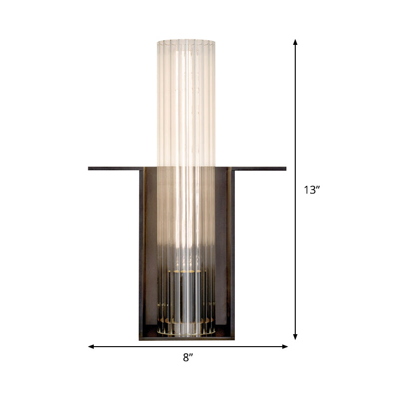 1 Head Living Room Wall Lamp Modern Black Sconce Light Fixture with Tube Ribbed Glass Shade Clearhalo 'Cast Iron' 'Glass' 'Industrial' 'Modern wall lights' 'Modern' 'Tiffany' 'Traditional wall lights' 'Wall Lamps & Sconces' 'Wall Lights' Lighting' 324214