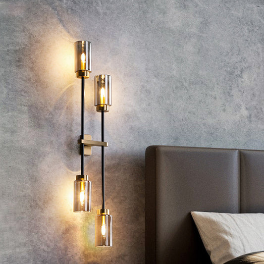 Modernist Cylinder Sconce Light Smoke Gray Glass 4 Heads Bedroom Wall Mounted Lamp Clearhalo 'Cast Iron' 'Glass' 'Industrial' 'Modern wall lights' 'Modern' 'Tiffany' 'Traditional wall lights' 'Wall Lamps & Sconces' 'Wall Lights' Lighting' 324231