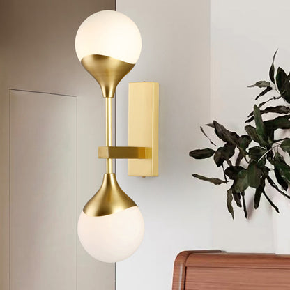 Modernist 2 Heads Wall Lighting Brass Global Sconce Light Fixture with Opal Glass Shade Brass Clearhalo 'Cast Iron' 'Glass' 'Industrial' 'Modern wall lights' 'Modern' 'Tiffany' 'Traditional wall lights' 'Wall Lamps & Sconces' 'Wall Lights' Lighting' 324235