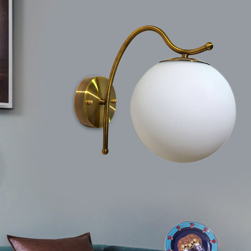 Ball Wall Lamp Modern White Glass 1 Head Gold Sconce Light Fixture with Metal Curved Arm Gold Clearhalo 'Cast Iron' 'Glass' 'Industrial' 'Modern wall lights' 'Modern' 'Tiffany' 'Traditional wall lights' 'Wall Lamps & Sconces' 'Wall Lights' Lighting' 324240