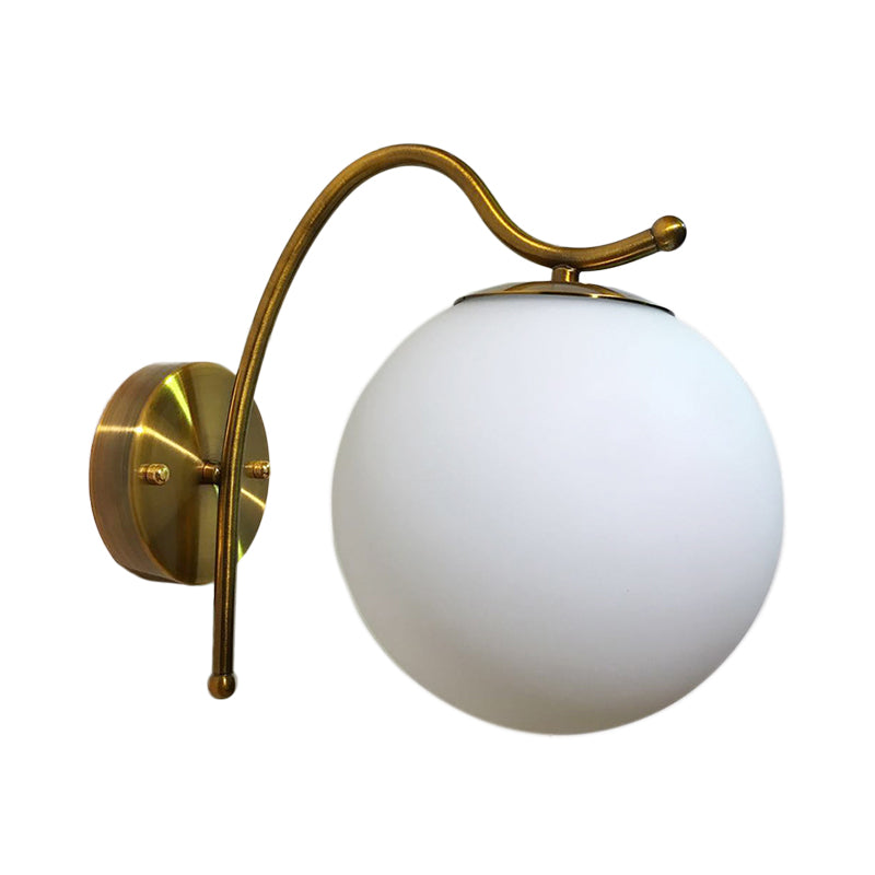Ball Wall Lamp Modern White Glass 1 Head Gold Sconce Light Fixture with Metal Curved Arm - Clearhalo - 'Cast Iron' - 'Glass' - 'Industrial' - 'Modern wall lights' - 'Modern' - 'Tiffany' - 'Traditional wall lights' - 'Wall Lamps & Sconces' - 'Wall Lights' - Lighting' - 324243