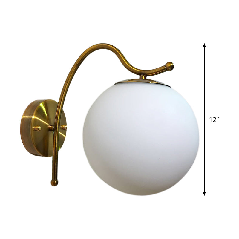 Ball Wall Lamp Modern White Glass 1 Head Gold Sconce Light Fixture with Metal Curved Arm - Clearhalo - 'Cast Iron' - 'Glass' - 'Industrial' - 'Modern wall lights' - 'Modern' - 'Tiffany' - 'Traditional wall lights' - 'Wall Lamps & Sconces' - 'Wall Lights' - Lighting' - 324244