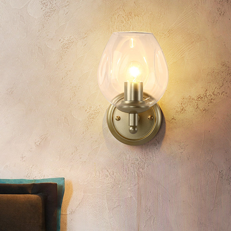 Contemporary Cup Sconce Clear Dimpled Blown Glass 1 Head Wall Mount Light Fixture in Gold Clearhalo 'Cast Iron' 'Glass' 'Industrial' 'Modern wall lights' 'Modern' 'Tiffany' 'Traditional wall lights' 'Wall Lamps & Sconces' 'Wall Lights' Lighting' 324246