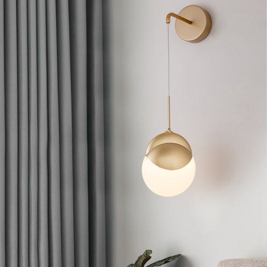 1 Bulb Living Room Wall Lamp Modern Gold Sconce Light Fixture with Round Milk Glass Shade Clearhalo 'Wall Lamps & Sconces' 'Wall Lights' Lighting' 324256