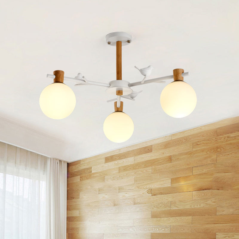 Contemporary Globe Chandelier Light White Glass 3 Bulbs Bedroom Suspended Lighting Fixture with Bird White Clearhalo 'Ceiling Lights' 'Chandeliers' 'Glass shade' 'Glass' Lighting' 324349