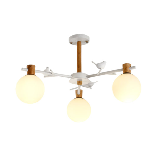Contemporary Globe Chandelier Light White Glass 3 Bulbs Bedroom Suspended Lighting Fixture with Bird Clearhalo 'Ceiling Lights' 'Chandeliers' 'Glass shade' 'Glass' Lighting' 324352