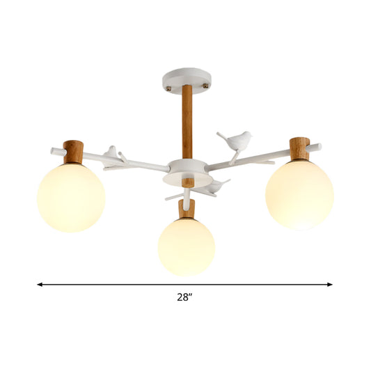 Contemporary Globe Chandelier Light White Glass 3 Bulbs Bedroom Suspended Lighting Fixture with Bird Clearhalo 'Ceiling Lights' 'Chandeliers' 'Glass shade' 'Glass' Lighting' 324353