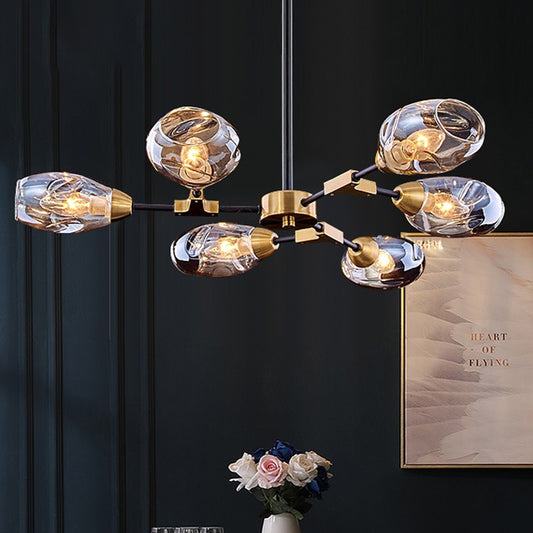 6 Heads Dining Room Hanging Chandelier Modern Black and Gold Pendant Light Fixture with Cup Dimpled Blown Glass Shade Clearhalo 'Ceiling Lights' 'Chandeliers' 'Glass shade' 'Glass' 'Modern Chandeliers' 'Modern' Lighting' 324415