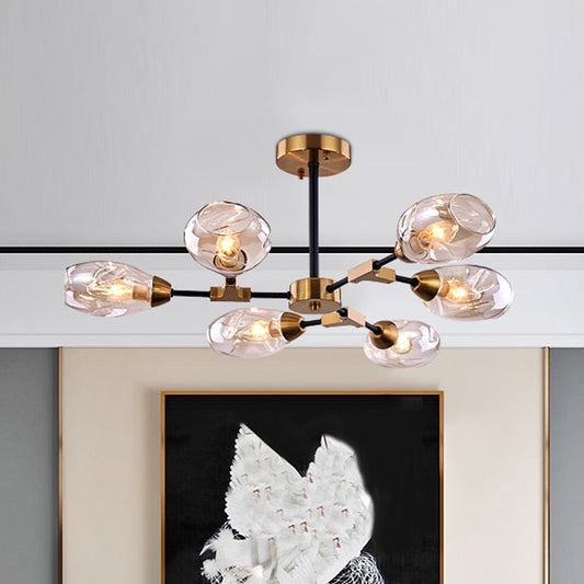 6 Heads Dining Room Hanging Chandelier Modern Black and Gold Pendant Light Fixture with Cup Dimpled Blown Glass Shade Clearhalo 'Ceiling Lights' 'Chandeliers' 'Glass shade' 'Glass' 'Modern Chandeliers' 'Modern' Lighting' 324416