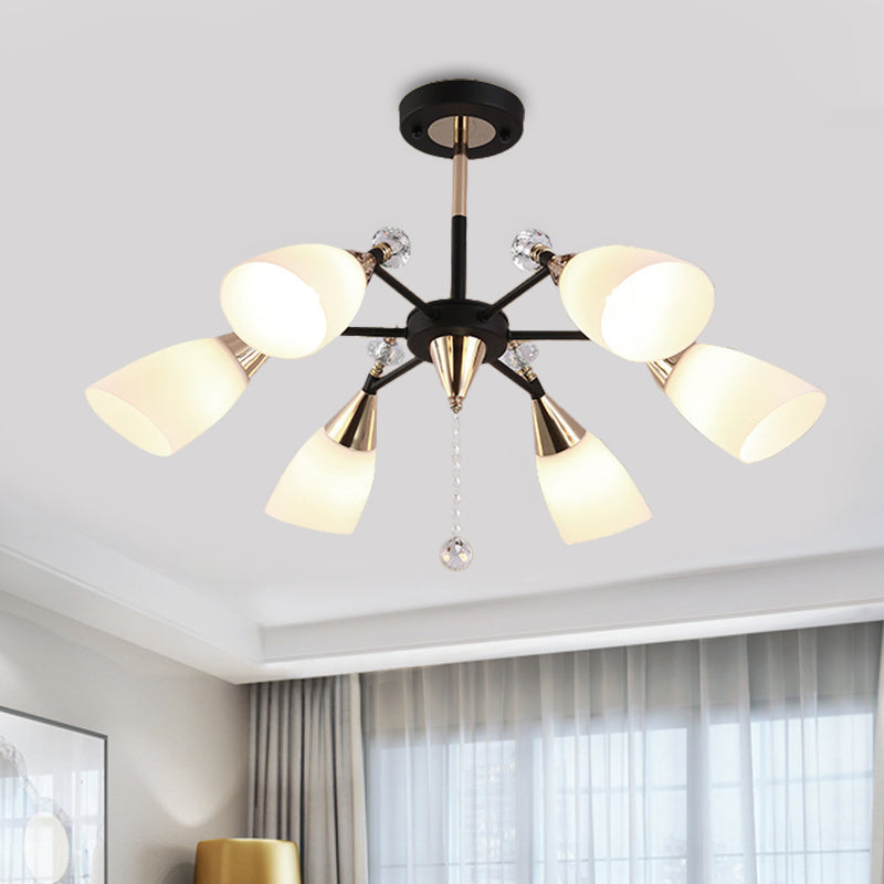Flared Ceiling Chandelier Contemporary White Glass 6 Bulbs Hanging Light Fixture in Black Clearhalo 'Ceiling Lights' 'Chandeliers' 'Glass shade' 'Glass' 'Modern Chandeliers' 'Modern' Lighting' 324421