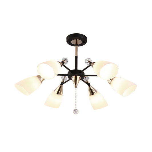 Flared Ceiling Chandelier Contemporary White Glass 6 Bulbs Hanging Light Fixture in Black Clearhalo 'Ceiling Lights' 'Chandeliers' 'Glass shade' 'Glass' 'Modern Chandeliers' 'Modern' Lighting' 324422