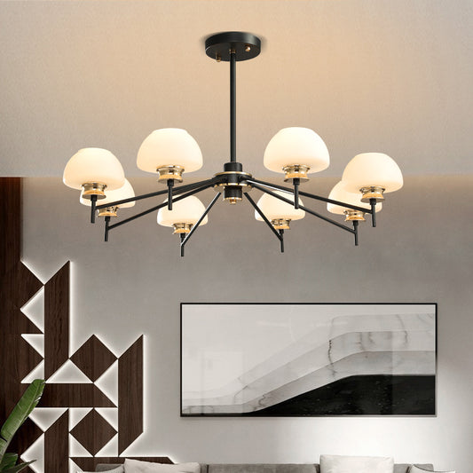 8 Heads Urn Chandelier Light Modern Opal Frosted Glass Ceiling Suspension Lamp in Black and Gold Clearhalo 'Ceiling Lights' 'Chandeliers' 'Glass shade' 'Glass' 'Modern Chandeliers' 'Modern' Lighting' 324432