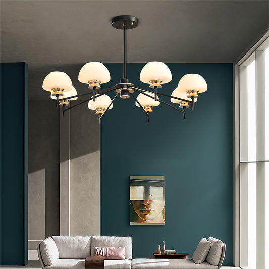 8 Heads Urn Chandelier Light Modern Opal Frosted Glass Ceiling Suspension Lamp in Black and Gold Clearhalo 'Ceiling Lights' 'Chandeliers' 'Glass shade' 'Glass' 'Modern Chandeliers' 'Modern' Lighting' 324433