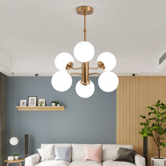 Milky Glass Ball Ceiling Chandelier Contemporary 6 Heads Suspended Lighting Fixture in Gold Clearhalo 'Ceiling Lights' 'Chandeliers' 'Glass shade' 'Glass' 'Modern Chandeliers' 'Modern' Lighting' 324446