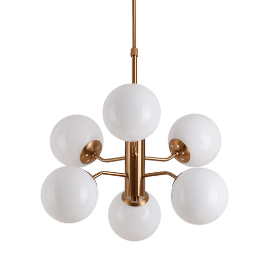 Milky Glass Ball Ceiling Chandelier Contemporary 6 Heads Suspended Lighting Fixture in Gold Clearhalo 'Ceiling Lights' 'Chandeliers' 'Glass shade' 'Glass' 'Modern Chandeliers' 'Modern' Lighting' 324447
