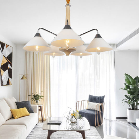 Metal Sputnik Chandelier Lamp Modern 5 Heads White Hanging Ceiling Light with Cone Acrylic Shade Clearhalo 'Ceiling Lights' 'Chandeliers' 'Modern Chandeliers' 'Modern' Lighting' 324464
