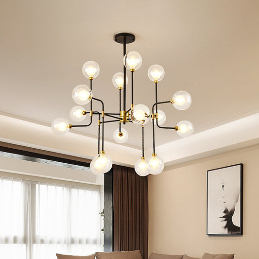 Modern Orb Hanging Chandelier Clear Glass 8/16 Bulbs Suspended Lighting Fixture in Black and Gold 16 Black-Gold Clearhalo 'Ceiling Lights' 'Chandeliers' 'Glass shade' 'Glass' 'Modern Chandeliers' 'Modern' Lighting' 324477