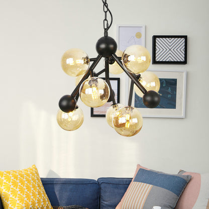 Globe Living Room Chandelier Lighting Amber Glass 9 Heads Modernist Hanging Light Fixture Amber Clearhalo 'Ceiling Lights' 'Chandeliers' 'Glass shade' 'Glass' 'Modern Chandeliers' 'Modern' Lighting' 324499