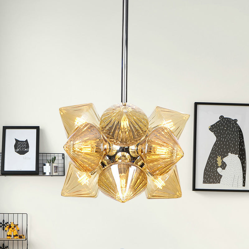 Diamond Hanging Chandelier Modernism Amber Glass 9/12 Heads Ceiling Pendant Light in Chrome 12 Chrome Clearhalo 'Ceiling Lights' 'Chandeliers' 'Glass shade' 'Glass' 'Modern Chandeliers' 'Modern' Lighting' 324575