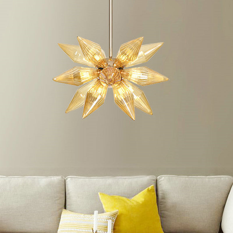 18 Heads Conical Hanging Chandelier Modern Amber Ribbed Glass Ceiling Pendant Light in Gold Gold Clearhalo 'Ceiling Lights' 'Chandeliers' 'Glass shade' 'Glass' 'Modern Chandeliers' 'Modern' Lighting' 324585