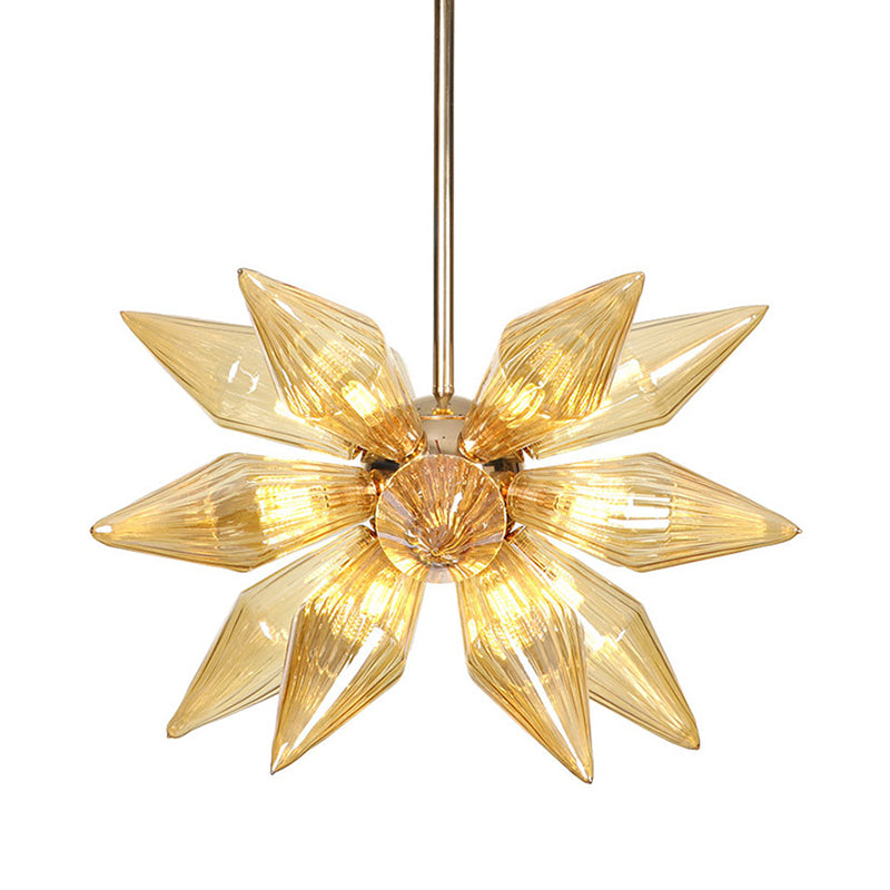 18 Heads Conical Hanging Chandelier Modern Amber Ribbed Glass Ceiling Pendant Light in Gold Clearhalo 'Ceiling Lights' 'Chandeliers' 'Glass shade' 'Glass' 'Modern Chandeliers' 'Modern' Lighting' 324588