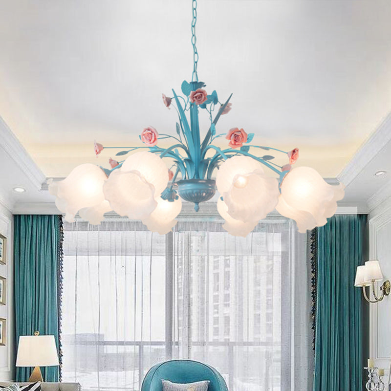 Floral White Glass Chandelier Light Countryside 8 Bulbs Living Room Pendant Lamp in Blue Blue Clearhalo 'Ceiling Lights' 'Chandeliers' 'Glass shade' 'Glass' 'Island Lights' Lighting' 324590