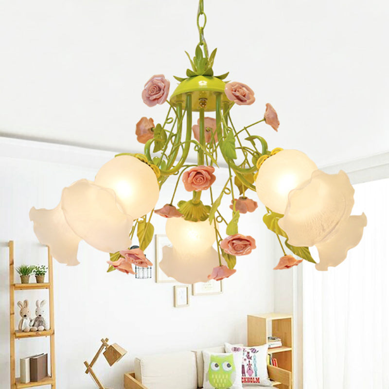 Pink/Green 5 Heads Chandelier Lighting Traditionalism Opal Glass Blossom Pendant Ceiling Light for Living Room Clearhalo 'Ceiling Lights' 'Chandeliers' 'Glass shade' 'Glass' Lighting' 324621