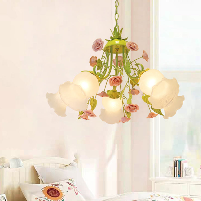 Pink/Green 5 Heads Chandelier Lighting Traditionalism Opal Glass Blossom Pendant Ceiling Light for Living Room Clearhalo 'Ceiling Lights' 'Chandeliers' 'Glass shade' 'Glass' Lighting' 324622