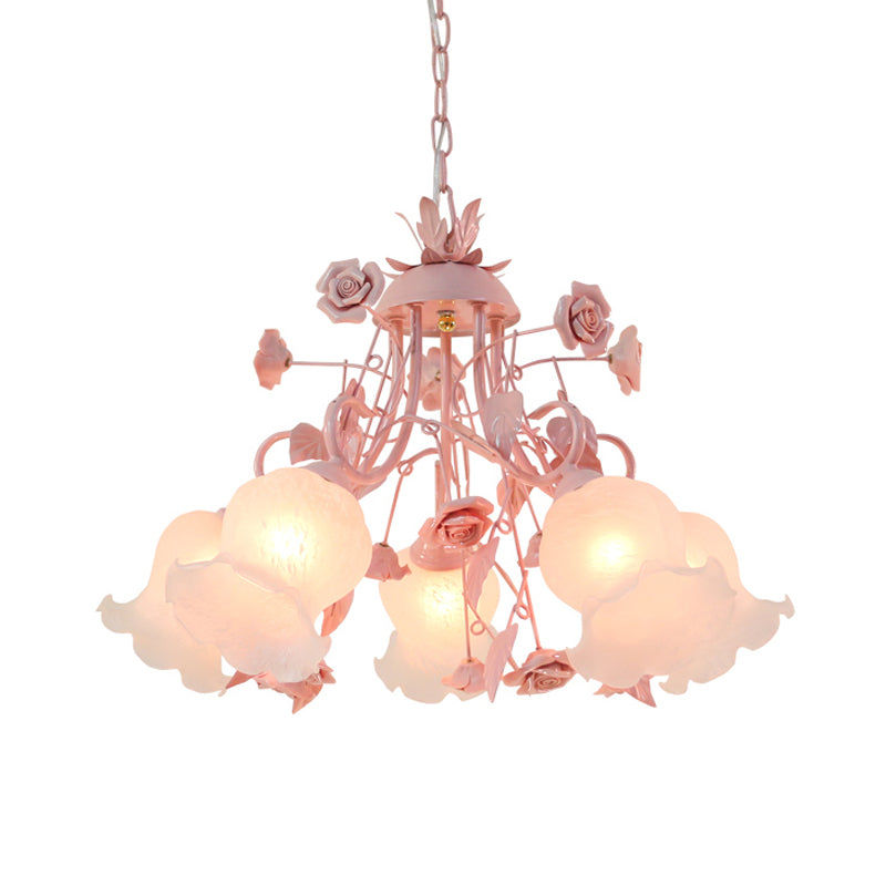 Pink/Green 5 Heads Chandelier Lighting Traditionalism Opal Glass Blossom Pendant Ceiling Light for Living Room Clearhalo 'Ceiling Lights' 'Chandeliers' 'Glass shade' 'Glass' Lighting' 324627