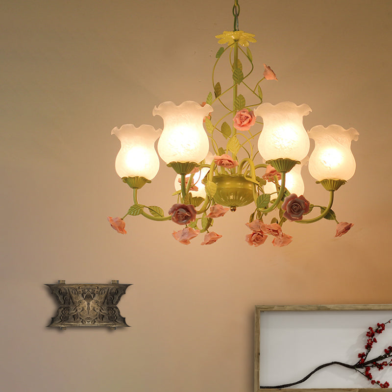 Milk Glass Bloom Chandelier Lamp Traditional 6 Heads Living Room Pendant Light Fixture in Green Clearhalo 'Ceiling Lights' 'Chandeliers' 'Glass shade' 'Glass' Lighting' 324635