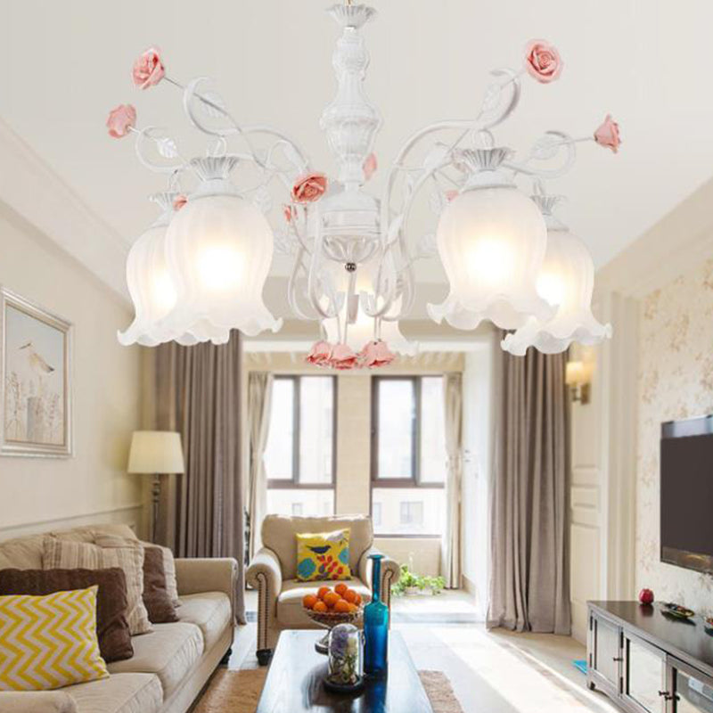 5 Bulbs Sandblasted Glass Chandelier Traditionalism White/Green Floral Bedroom Pendant Lighting Fixture White Clearhalo 'Ceiling Lights' 'Chandeliers' 'Glass shade' 'Glass' Lighting' 324653