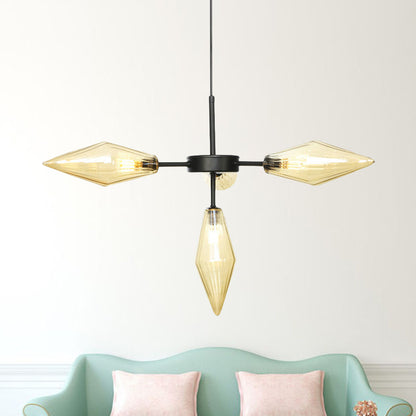 4 Heads Tapered Pendant Chandelier Modernism Amber Glass Hanging Ceiling Light in Black Black Clearhalo 'Ceiling Lights' 'Chandeliers' 'Glass shade' 'Glass' 'Modern Chandeliers' 'Modern' Lighting' 324687