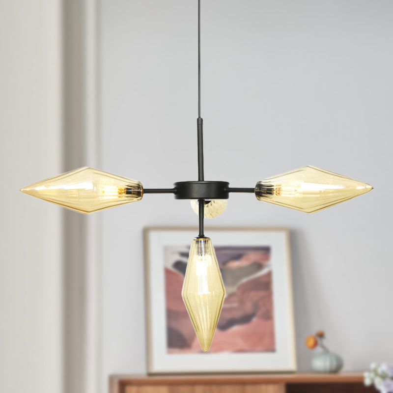 4 Heads Tapered Pendant Chandelier Modernism Amber Glass Hanging Ceiling Light in Black Clearhalo 'Ceiling Lights' 'Chandeliers' 'Glass shade' 'Glass' 'Modern Chandeliers' 'Modern' Lighting' 324688