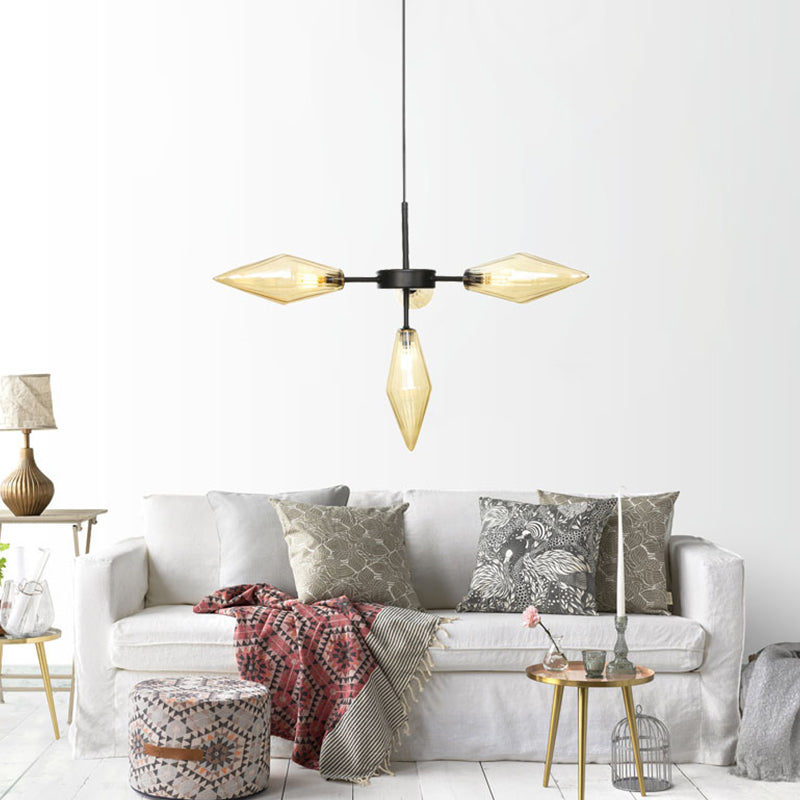4 Heads Tapered Pendant Chandelier Modernism Amber Glass Hanging Ceiling Light in Black Clearhalo 'Ceiling Lights' 'Chandeliers' 'Glass shade' 'Glass' 'Modern Chandeliers' 'Modern' Lighting' 324689