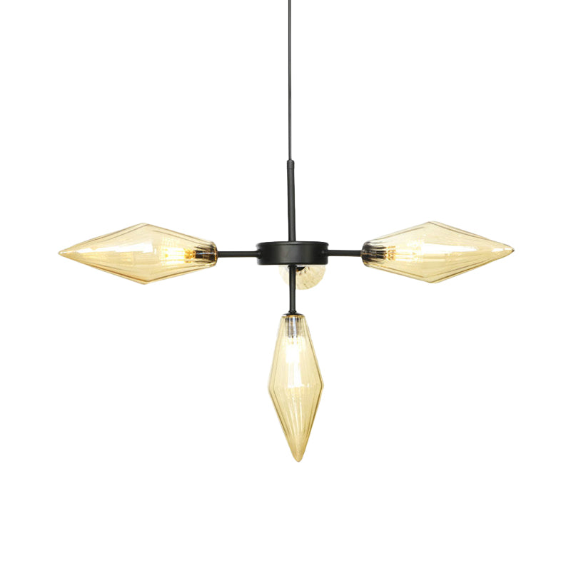 4 Heads Tapered Pendant Chandelier Modernism Amber Glass Hanging Ceiling Light in Black Clearhalo 'Ceiling Lights' 'Chandeliers' 'Glass shade' 'Glass' 'Modern Chandeliers' 'Modern' Lighting' 324690