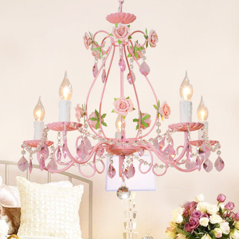 Crystal Pink Pendant Chandelier Candelabra 3/5/8 Lights Traditional Ceiling Hang Fixture for Living Room 5 Pink Clearhalo 'Ceiling Lights' 'Chandeliers' Lighting' options 324714_e0144153-f1b2-4567-8a89-3430972c91e8