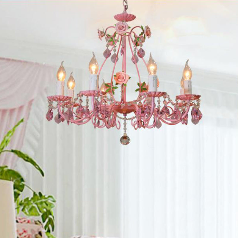 Crystal Pink Pendant Chandelier Candelabra 3/5/8 Lights Traditional Ceiling Hang Fixture for Living Room Clearhalo 'Ceiling Lights' 'Chandeliers' Lighting' options 324719