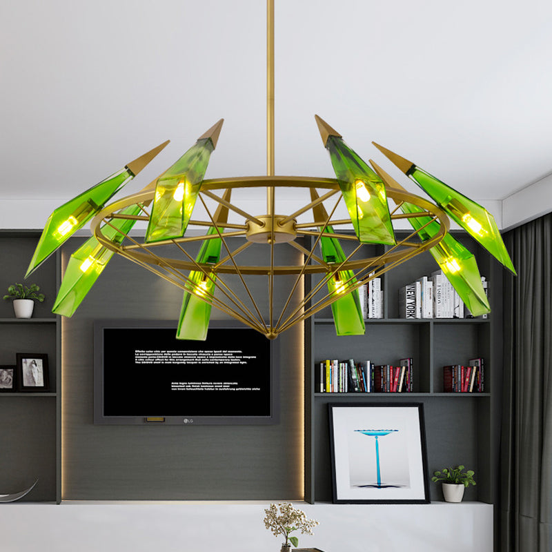 Contemporary Tapered Pendant Chandelier Cream/Green Glass 8 Heads Living Room Hanging Light Kit Green Clearhalo 'Ceiling Lights' 'Chandeliers' 'Glass shade' 'Glass' 'Modern Chandeliers' 'Modern' Lighting' 324735