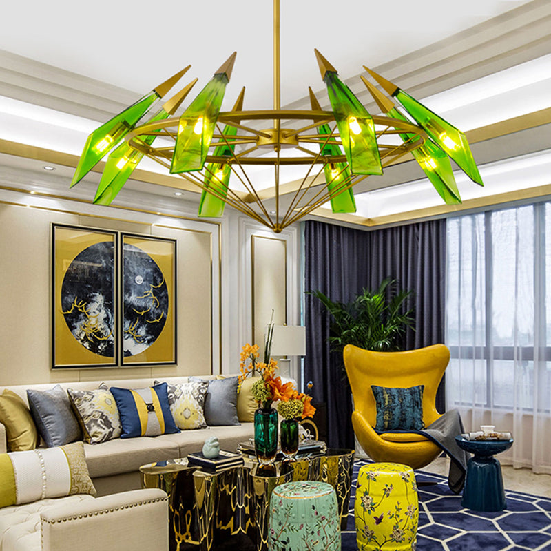 Contemporary Tapered Pendant Chandelier Cream/Green Glass 8 Heads Living Room Hanging Light Kit Clearhalo 'Ceiling Lights' 'Chandeliers' 'Glass shade' 'Glass' 'Modern Chandeliers' 'Modern' Lighting' 324737