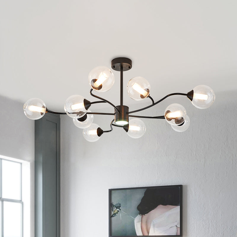 10 Heads Living Room Chandelier Lamp Modern Black Pendant Light Fixture with Orb Clear Glass Shade Black Clearhalo 'Ceiling Lights' 'Chandeliers' 'Glass shade' 'Glass' 'Modern Chandeliers' 'Modern' Lighting' 324739