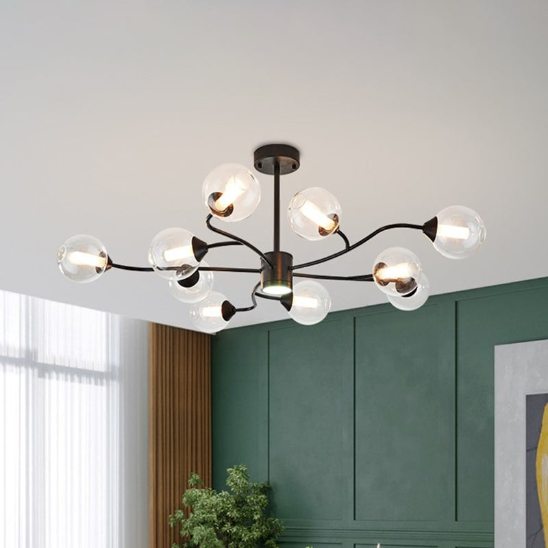 10 Heads Living Room Chandelier Lamp Modern Black Pendant Light Fixture with Orb Clear Glass Shade Clearhalo 'Ceiling Lights' 'Chandeliers' 'Glass shade' 'Glass' 'Modern Chandeliers' 'Modern' Lighting' 324740