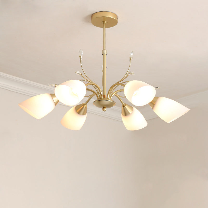 Modernism 3/6 Bulbs Hanging Chandelier Gold Flared Ceiling Pendant Light with White Glass Shade 6 Gold Clearhalo 'Ceiling Lights' 'Chandeliers' 'Close To Ceiling Lights' 'Glass shade' 'Glass' 'Island Lights' 'Modern Chandeliers' 'Modern' Lighting' 324752