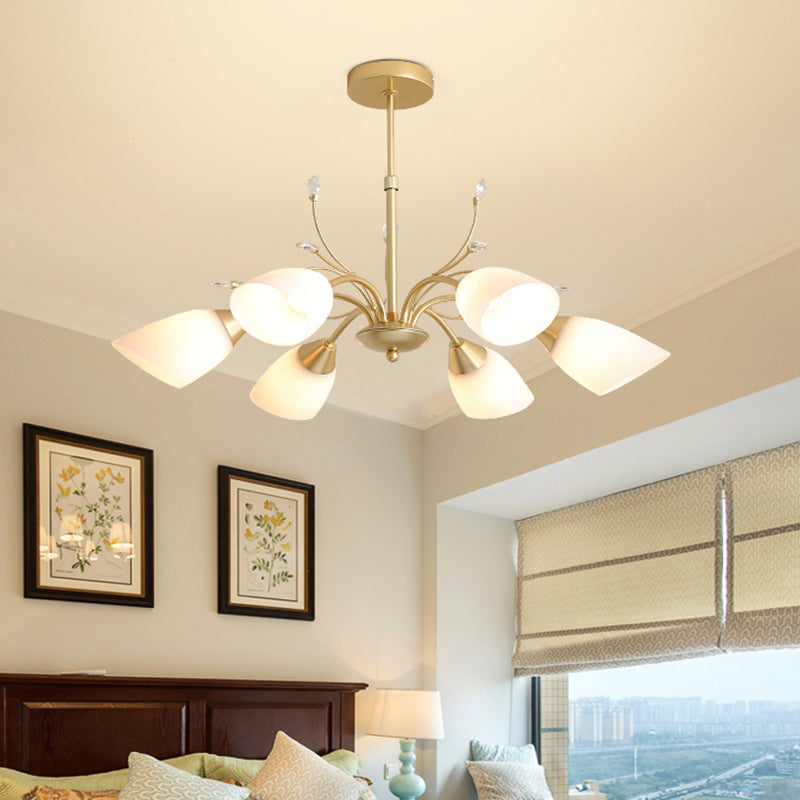 Modernism 3/6 Bulbs Hanging Chandelier Gold Flared Ceiling Pendant Light with White Glass Shade Clearhalo 'Ceiling Lights' 'Chandeliers' 'Close To Ceiling Lights' 'Glass shade' 'Glass' 'Island Lights' 'Modern Chandeliers' 'Modern' Lighting' 324753