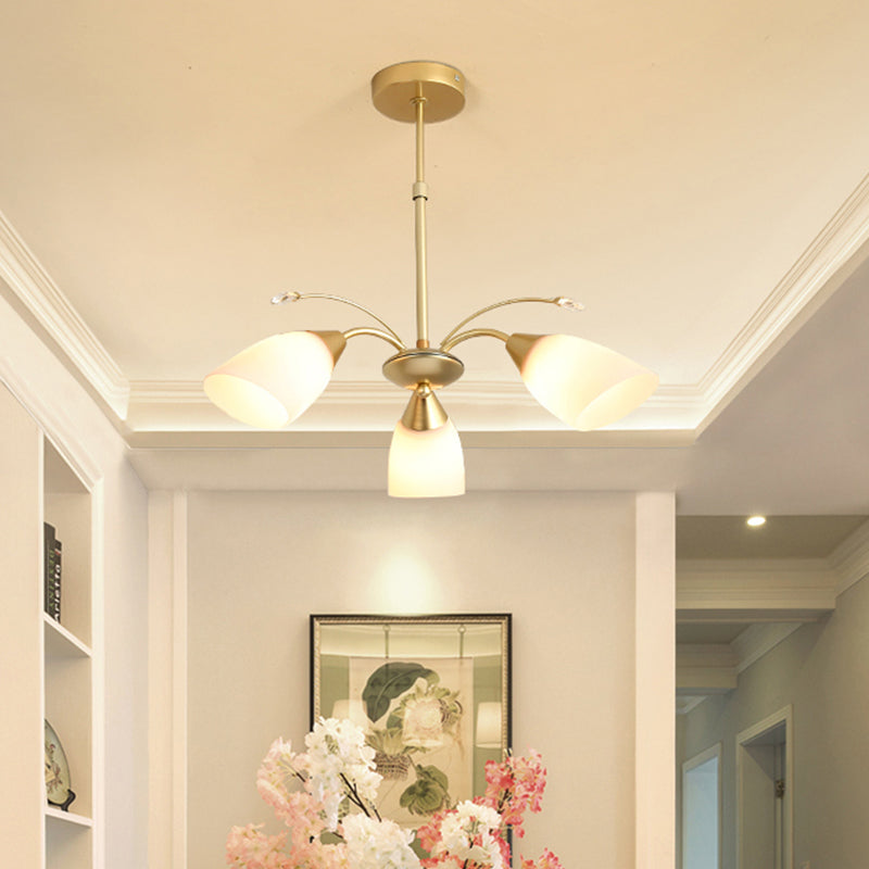 Modernism 3/6 Bulbs Hanging Chandelier Gold Flared Ceiling Pendant Light with White Glass Shade 3 Gold Clearhalo 'Ceiling Lights' 'Chandeliers' 'Close To Ceiling Lights' 'Glass shade' 'Glass' 'Island Lights' 'Modern Chandeliers' 'Modern' Lighting' 324756