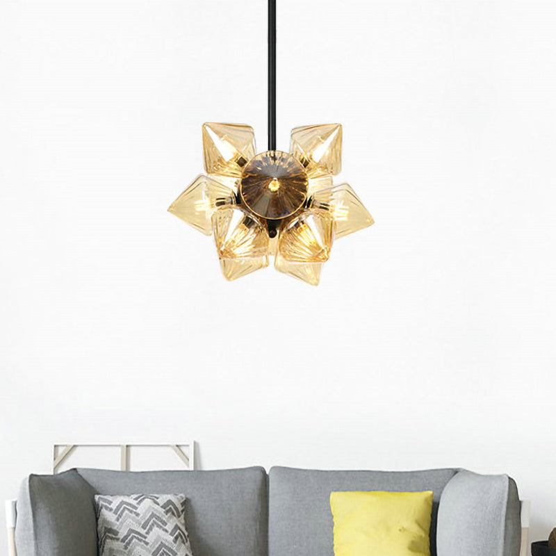 Diamond Chandelier Lamp Contemporary Amber Glass 9/12 Bulbs Living Room Hanging Pentant Light 12 Amber Clearhalo 'Ceiling Lights' 'Chandeliers' 'Modern Chandeliers' 'Modern' Lighting' 324797