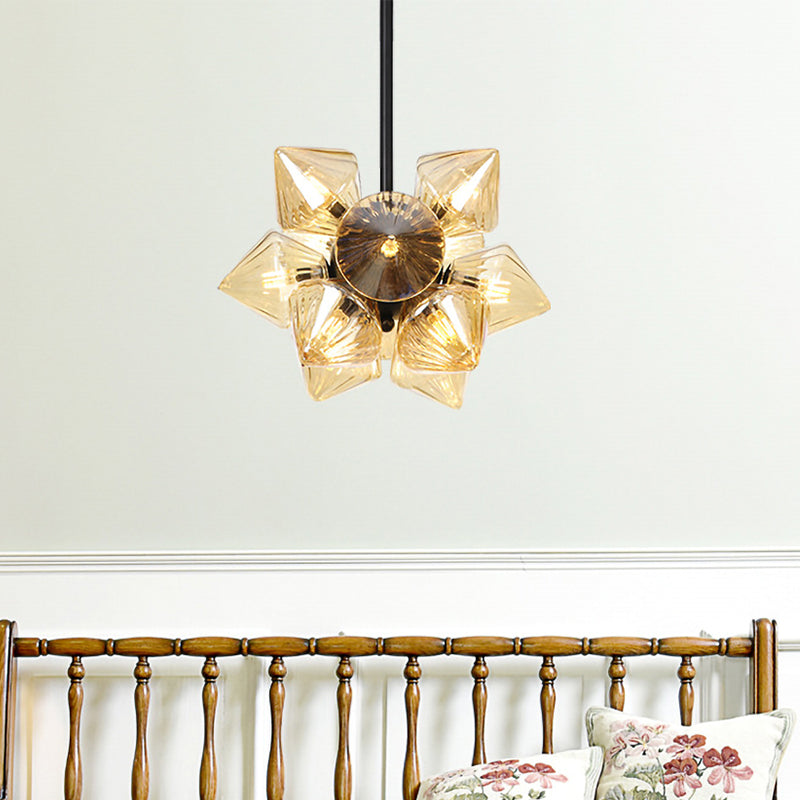 Diamond Chandelier Lamp Contemporary Amber Glass 9/12 Bulbs Living Room Hanging Pentant Light Clearhalo 'Ceiling Lights' 'Chandeliers' 'Modern Chandeliers' 'Modern' Lighting' 324798