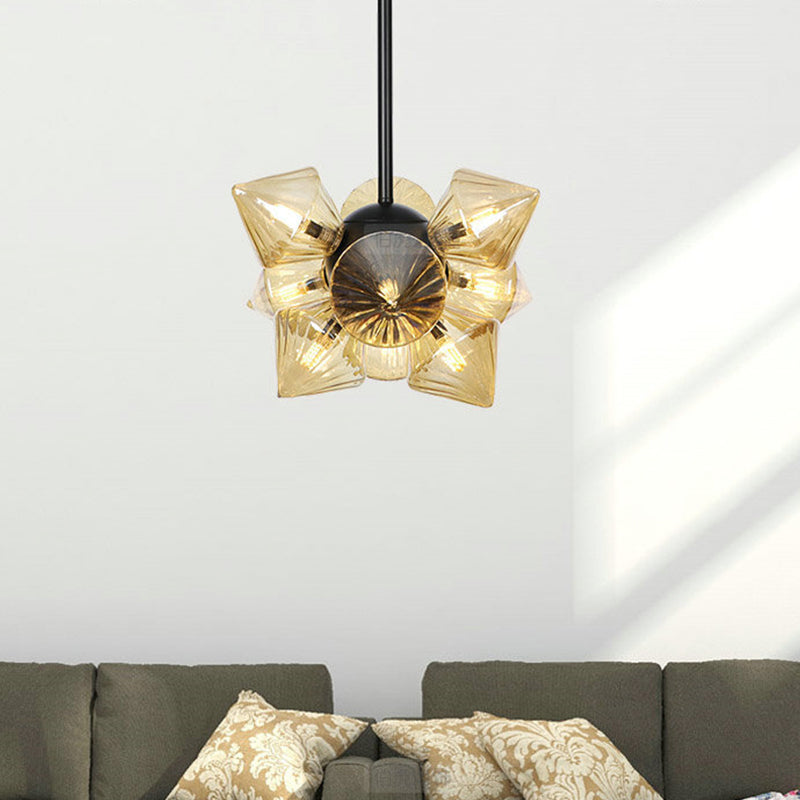 Diamond Chandelier Lamp Contemporary Amber Glass 9/12 Bulbs Living Room Hanging Pentant Light 9 Amber Clearhalo 'Ceiling Lights' 'Chandeliers' 'Modern Chandeliers' 'Modern' Lighting' 324801