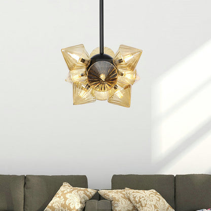 Diamond Chandelier Lamp Contemporary Amber Glass 9/12 Bulbs Living Room Hanging Pentant Light 9 Amber Clearhalo 'Ceiling Lights' 'Chandeliers' 'Modern Chandeliers' 'Modern' Lighting' 324801