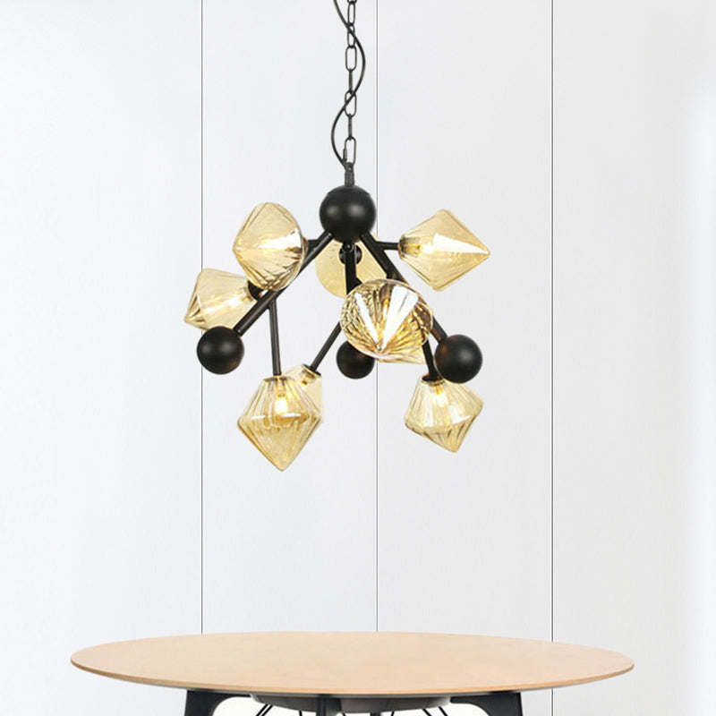 Pyramid Dining Room Ceiling Chandelier Amber Glass 9 Heads Modern Pendant Light Fixture Amber Clearhalo 'Ceiling Lights' 'Chandeliers' 'Glass shade' 'Glass' 'Modern Chandeliers' 'Modern' Lighting' 324811