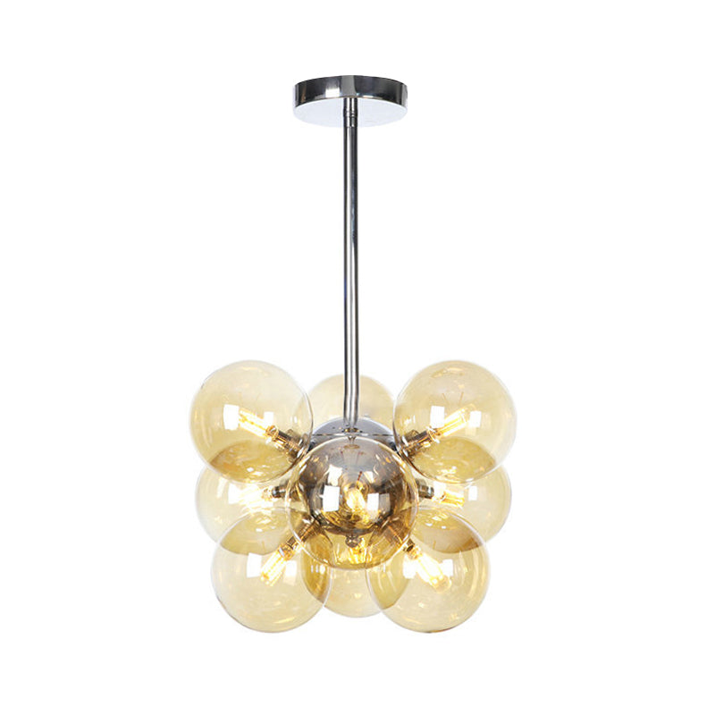 Modern 9 Heads Chandelier Light Chrome Orb Pendant Lighting Fixture with Amber Glass Shade Clearhalo 'Ceiling Lights' 'Chandeliers' 'Close To Ceiling Lights' 'Glass shade' 'Glass' 'Modern Chandeliers' 'Modern' Lighting' 324821